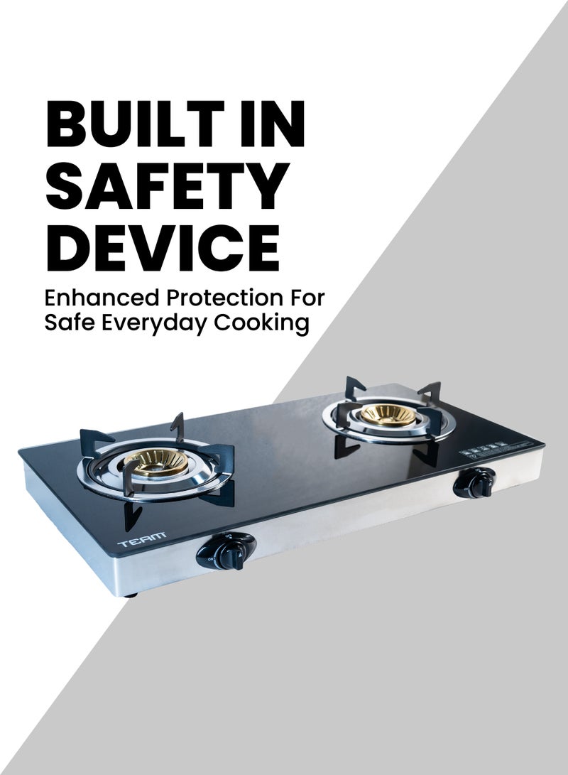 TEAM Double Burner Gas Cooker with Safety Device | Toughened Safety Glass | Auto Ignition | High‑Efficiency Whirlwind Flame | Super Slim Body | LPG Gas Stove for Home Kitchen - Image 4